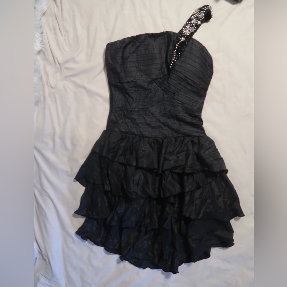 B.Tru Black Ruffled Mini One Shoulder Dress
